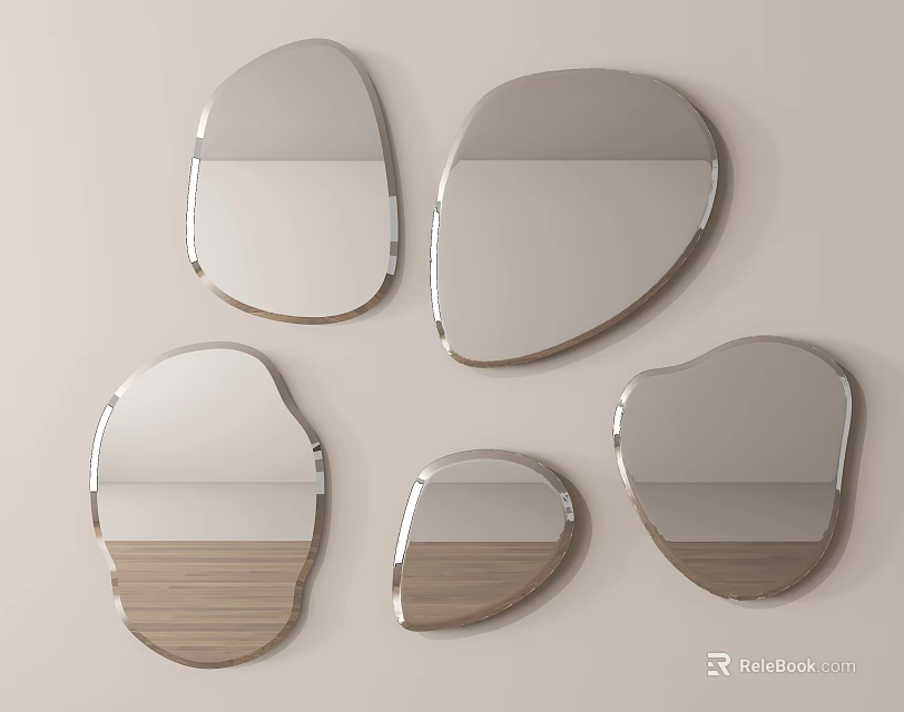Irregular Shaped Wall Mounted Mirrors With Wooden Edges On Light Colored Wall 3d model 