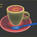 Blue Ceramic Coffee Cup With Milk Foam White Rim On Saucer And Silver Spoon