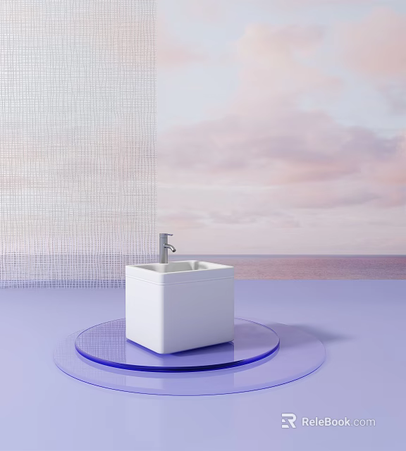 White Square Bathroom Sink On Blue Circular Base With Mesh Screen And Ocean View 3d model 