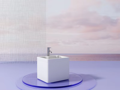 White Square Bathroom Sink On Blue Circular Base With Mesh Screen And Ocean View 3d model