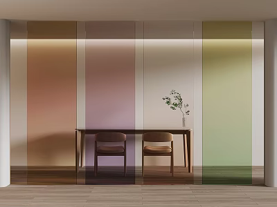 Colorful Gradient Wall Room With Wooden Table Two Chairs And Potted Plant 3d model
