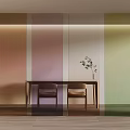 Colorful Gradient Wall Room With Wooden Table Two Chairs And Potted Plant