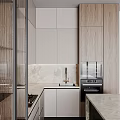 Modern Kitchen With Stylish Cabinets Glass Doors And Marble Backsplash 3d model