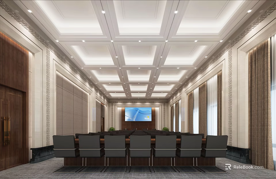 Modern Conference Room Interior With Decorative Ceiling Large Screen Long Table And Leather Chairs 3d model