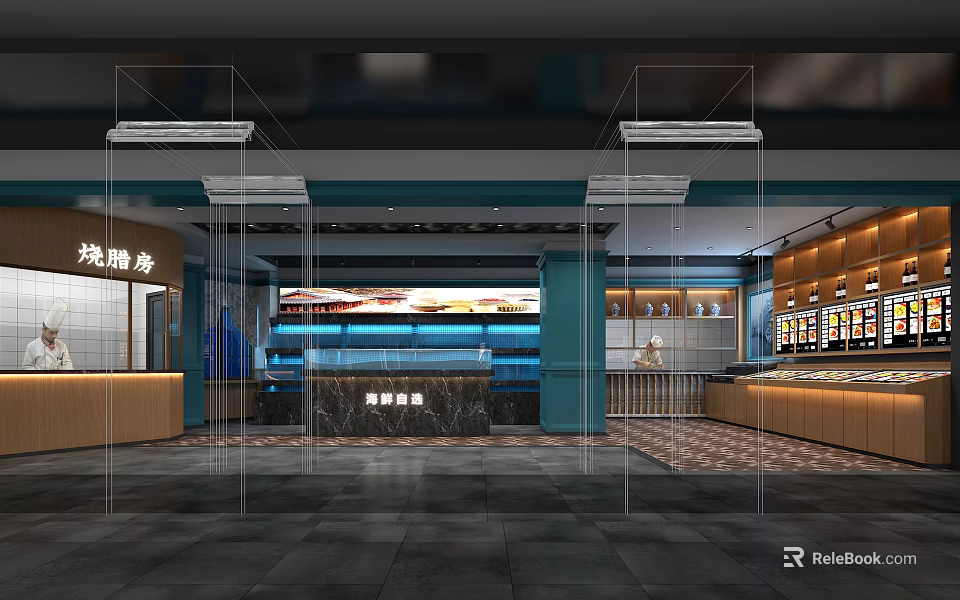 Modern Restaurant Interior With Front Counter Display Shelves And Warm Lighting 3d model