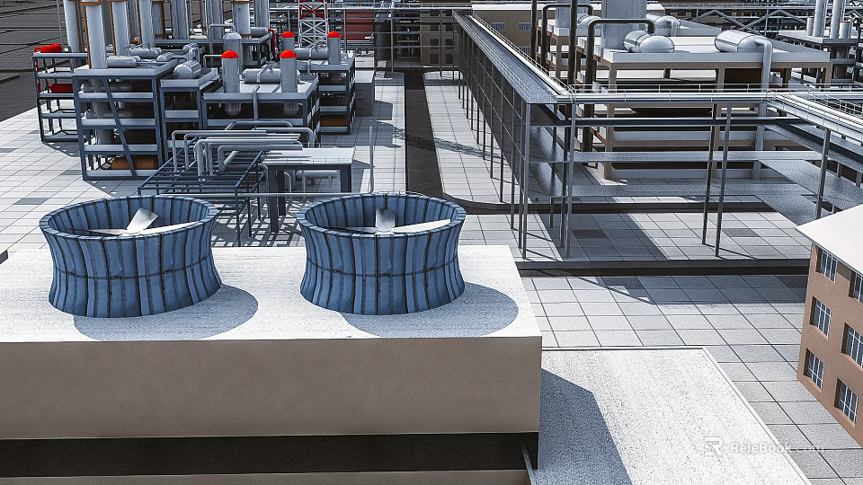 Industrial Factory Building Exterior View Featuring Roof Ventilation Units Metal Platforms And Piping 3d model 
