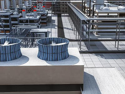 Industrial Factory Building Exterior View Featuring Roof Ventilation Units Metal Platforms And Piping 3d model
