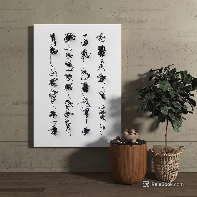Decorative Wall Art with Black Floral Patterns Wooden Table and Green Plant Decor 3d model 