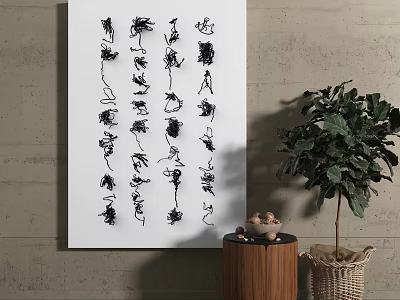 Decorative Wall Art with Black Floral Patterns Wooden Table and Green Plant Decor 3d model