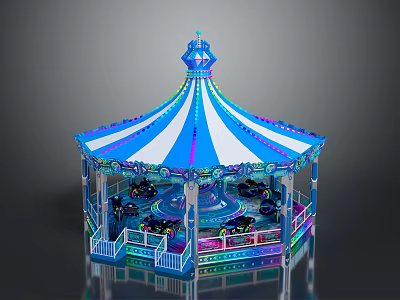 Children Enjoying Colorful Carousel Ride With Blue White Striped Canopy And Lights 3d model