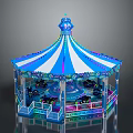 Children Enjoying Colorful Carousel Ride With Blue White Striped Canopy And Lights