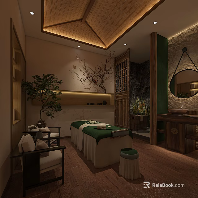 Traditional SPA Sauna Interior With Massage Beds Green Plants And Wooden Decor 3d model 