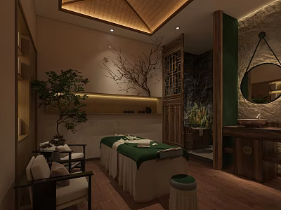 Traditional SPA Sauna Interior With Massage Beds Green Plants And Wooden Decor 3d model