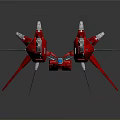 Red White Futuristic Mechanical Aircraft Model Featuring Sharp Wings Blue Accents And Intricate Structure