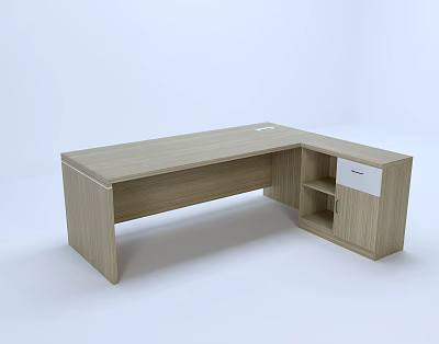 Modern L Shaped Wooden Office Desk With Cabinet Drawer And Open Shelves 3d model