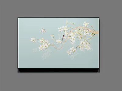 Botanical Painting with White Flowers Branches and Butterflies on Light Blue Background in Black Frame 3d model