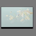 Botanical Painting with White Flowers Branches and Butterflies on Light Blue Background in Black Frame
