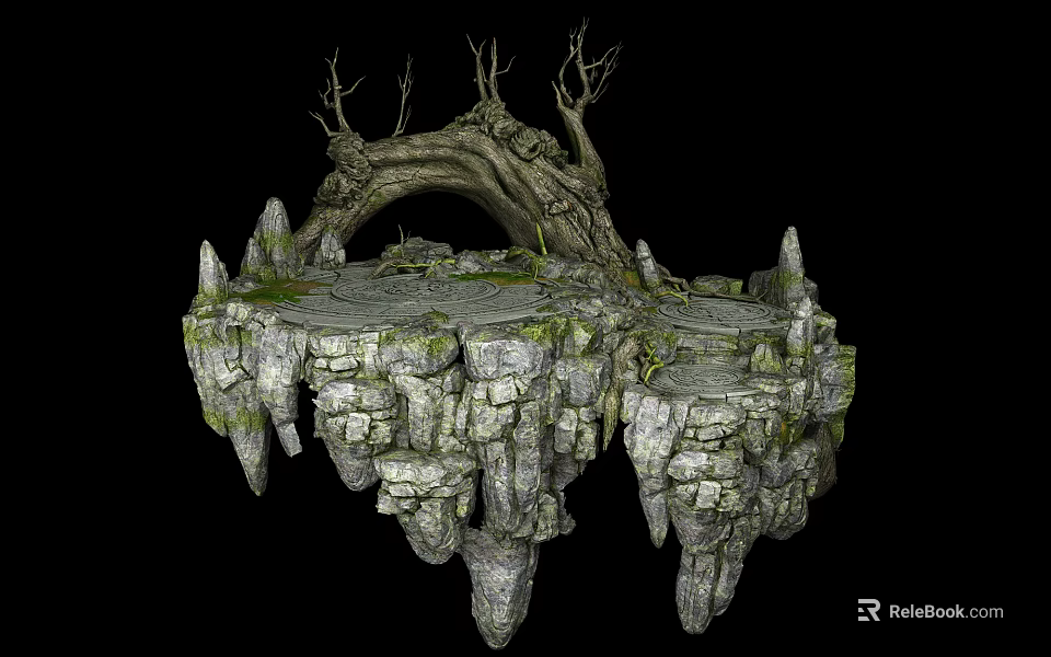 Cartoon Style Floating Stone Island With Dead Tree Trunk Arch And Rocky Vines 3d model 