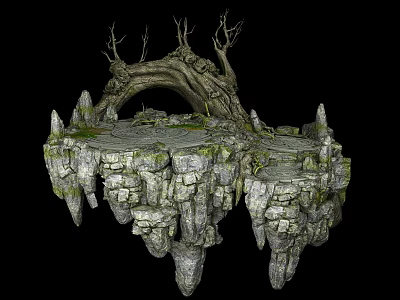 Cartoon Style Floating Stone Island With Dead Tree Trunk Arch And Rocky Vines 3d model