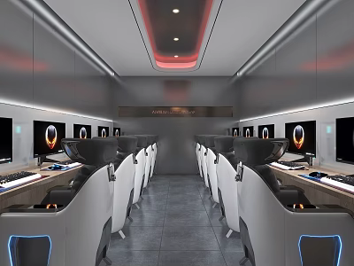 Modern Public Office Space With Multi Workstations White Chairs Gray Flooring And Red Ceiling Light Strips 3d model