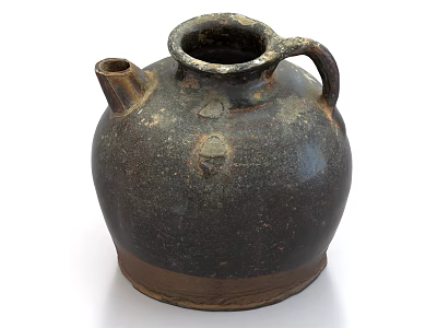 Rustic Dark Textured Ceramic Vessel With Brown Base Handle And Spout 3d model