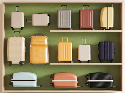 Various Colorful Suitcases in Different Sizes on Wooden Shelves with Green Wall 3d model