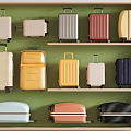 Various Colorful Suitcases in Different Sizes on Wooden Shelves with Green Wall