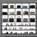Fashionable Bags And Shoes Display On Multi Layered Shelves With Various Styles And Colors