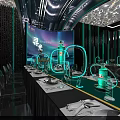 Futuristic Banquet Hall With Long Dining Tables Chairs Large Screen Projection And Teal Lighting