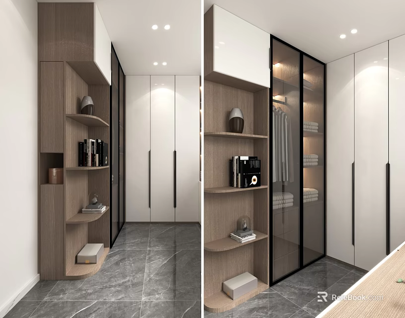 Modern Walk in Closet Interior With White Cabinets Glass Doors And Wooden Shelves 3d model 