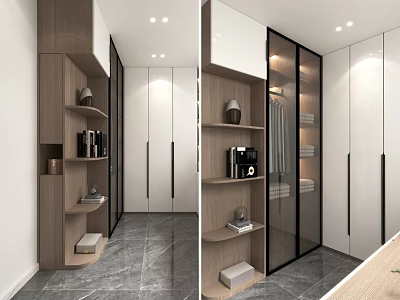 Modern Walk in Closet Interior With White Cabinets Glass Doors And Wooden Shelves 3d model