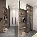 Modern Walk in Closet Interior With White Cabinets Glass Doors And Wooden Shelves