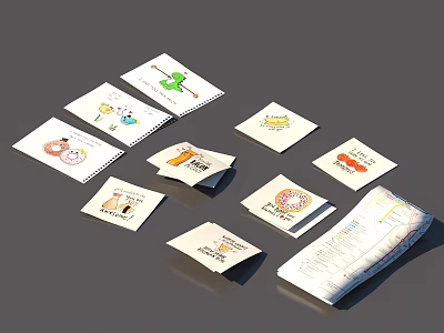 Colorful Cartoon Patterned Cards And Unfolded Instruction Manual With Various Designs 3d model