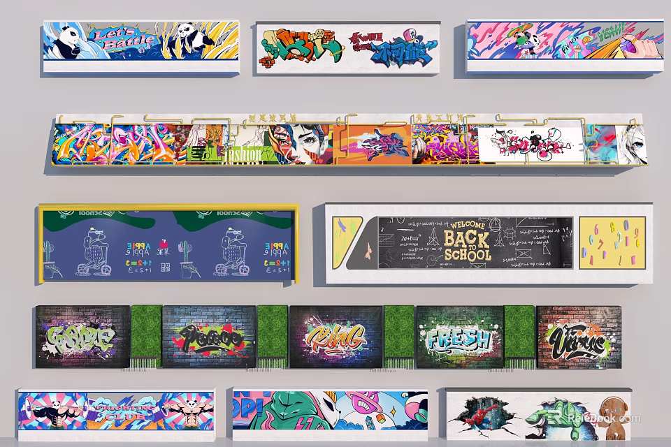 Colorful Graffiti Feature Wall With Various Designs And Decorative Patterns 3d model 