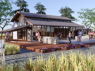 Rustic B&B Building With Wooden Roof Large Glass Windows And Surrounding Greenery 3d model