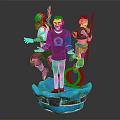 Three Fantasy Characters With Weapons Standing On Blue Platform And Central Blue Ring Figure
