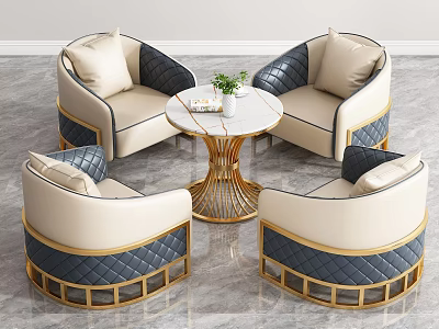 Luxurious Table and Chair Set With Beige Navy Blue Chairs Gold Accents Round Marble Top 3d model