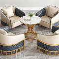 Luxurious Table and Chair Set With Beige Navy Blue Chairs Gold Accents Round Marble Top