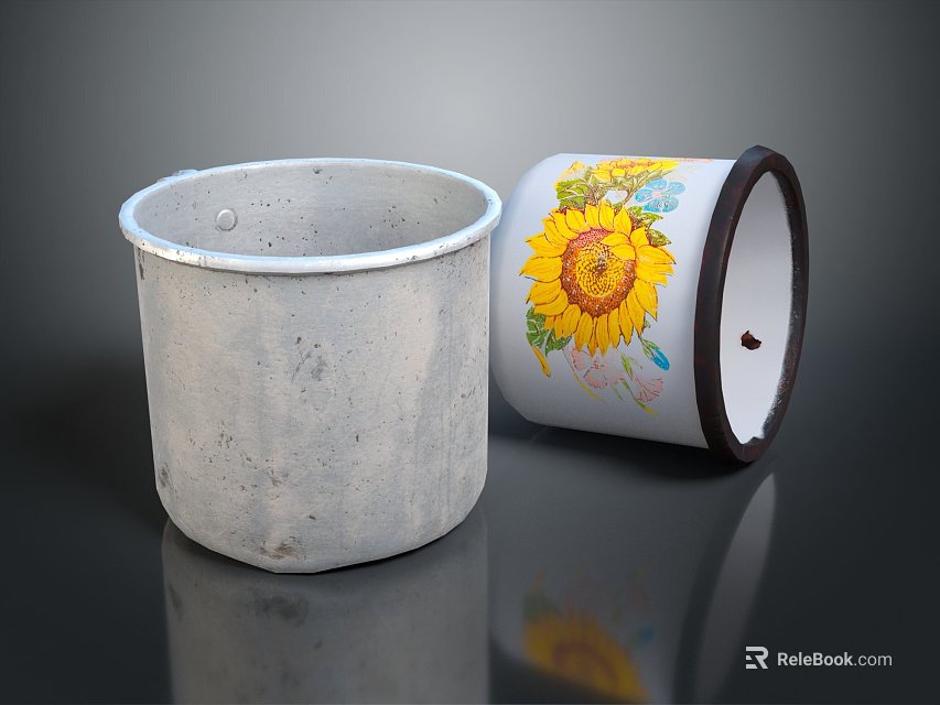 Two Decorative Cups Featuring Textured Gray Concrete And White Sunflower Pattern With Dark Rim 3d model 