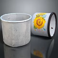 Two Decorative Cups Featuring Textured Gray Concrete And White Sunflower Pattern With Dark Rim