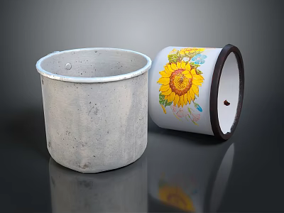 Two Decorative Cups Featuring Textured Gray Concrete And White Sunflower Pattern With Dark Rim 3d model