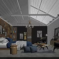 Modern Industrial Style Double Bed In Spacious Cozy Attic Bedroom With Unique Interior Decorations