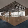 Spacious Public Office Space With Wooden Workstations Blue Carpet And Bright Lighting