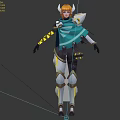 3D Game Movie Character With Orange Hair Horned Helmet Blue Cape White Gold Armor