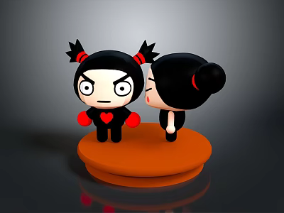 Two Angry And Side Facing Cartoon Characters With Black Hair Red Accessories On Orange Base 3d model