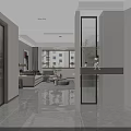 Minimalist Living and Dining Room With White Sofa Round Coffee Table Circular Chandelier Decorative Painting