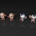 Four Cute Small Elf Like Characters Sitting On Shiny Black Surface