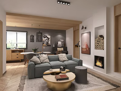 Modern Living And Dining Room With Gray Sofa Wooden Ceiling Fireplace And Round Coffee Table 3d model