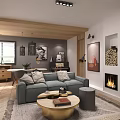 Modern Living And Dining Room With Gray Sofa Wooden Ceiling Fireplace And Round Coffee Table