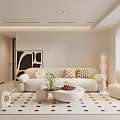 Elegant Modern Living Room Interior With White Sofa Geometric Rug Round Coffee Table And Floor Lamp